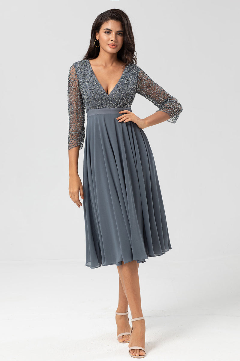 Load image into Gallery viewer, A Line V-Neck Eucalyptus Bridesmaid Dress with Long Sleeves