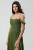 Load image into Gallery viewer, Off The Shoulder A Line Olive Bridesmaid Dress with Slit