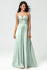 Load image into Gallery viewer, Spaghetti Straps Keyhole A Line Green Bridesmaid Dress with Slit