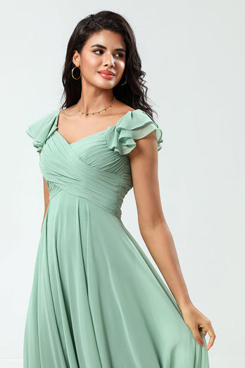 Lace-Up Back A Line Chiffon Green Bridesmaid Dress with Ruffles