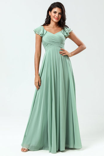 Lace-Up Back A Line Chiffon Green Bridesmaid Dress with Ruffles