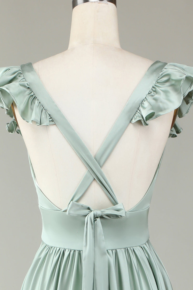 Load image into Gallery viewer, Deep V-Neck Matcha Long Bridesmaid Dress with Ruffles