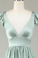 Load image into Gallery viewer, Deep V-Neck Matcha Long Bridesmaid Dress with Ruffles