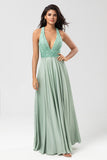 A Line V-Neck Green Long Bridesmaid Dress with Beading