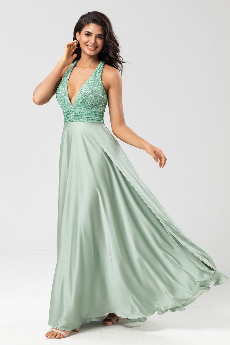 Load image into Gallery viewer, A Line V-Neck Green Long Bridesmaid Dress with Beading