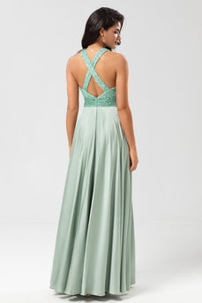A Line V-Neck Green Long Bridesmaid Dress with Beading