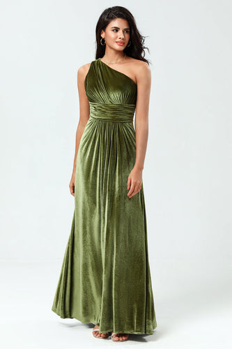 A Line One Shoulder Velvet Long Olive Green Bridesmaid Dress