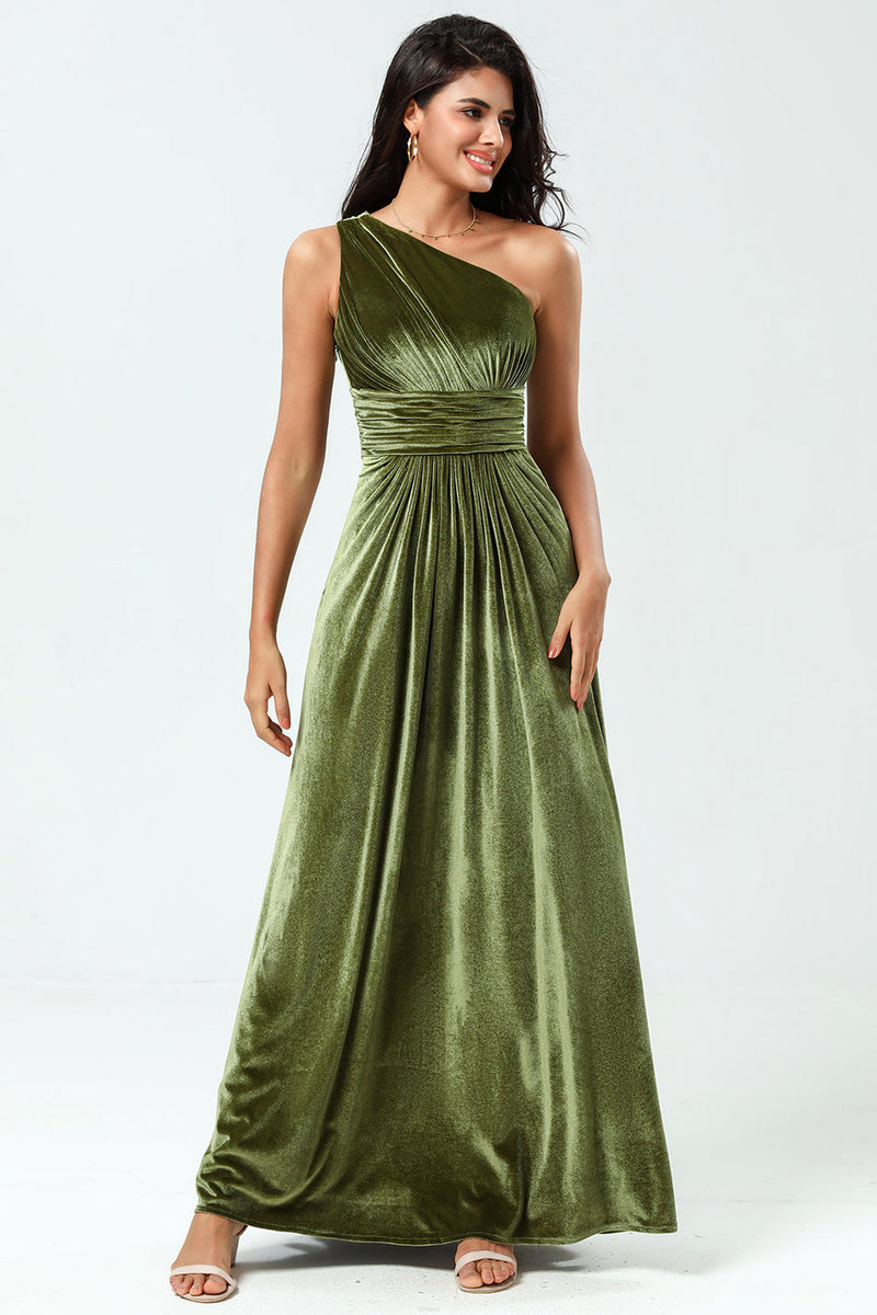 Load image into Gallery viewer, A Line One Shoulder Velvet Long Olive Green Bridesmaid Dress
