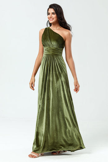 A Line One Shoulder Velvet Long Olive Green Bridesmaid Dress
