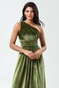 Load image into Gallery viewer, A Line One Shoulder Velvet Long Olive Green Bridesmaid Dress