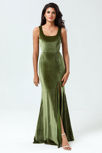 Mermaid Square Neck Long Olive Green Bridesmaid Dress with Slit
