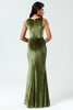 Load image into Gallery viewer, Mermaid Square Neck Long Olive Green Bridesmaid Dress with Slit