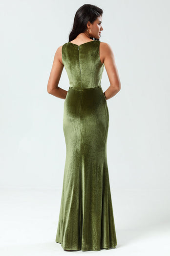 Mermaid Square Neck Long Olive Green Bridesmaid Dress with Slit