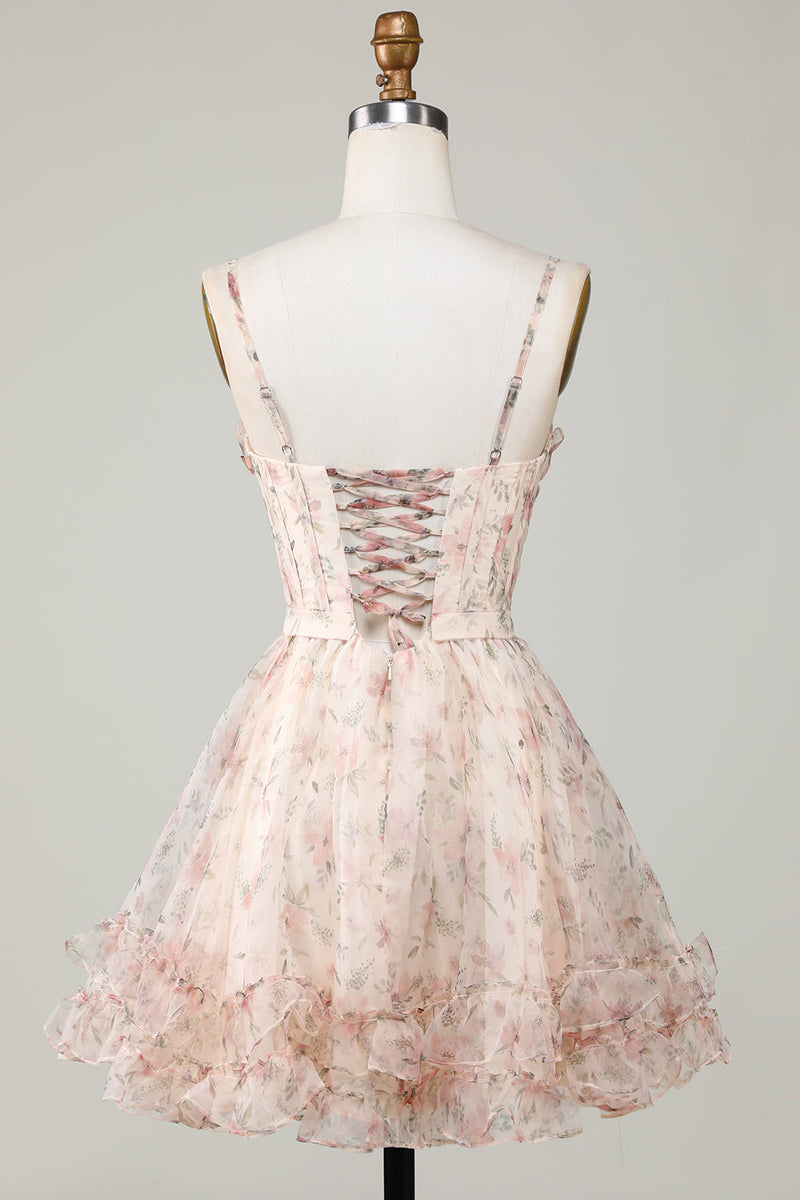 Load image into Gallery viewer, Champagne A-Line Corset Floral Short Homecoming Dress