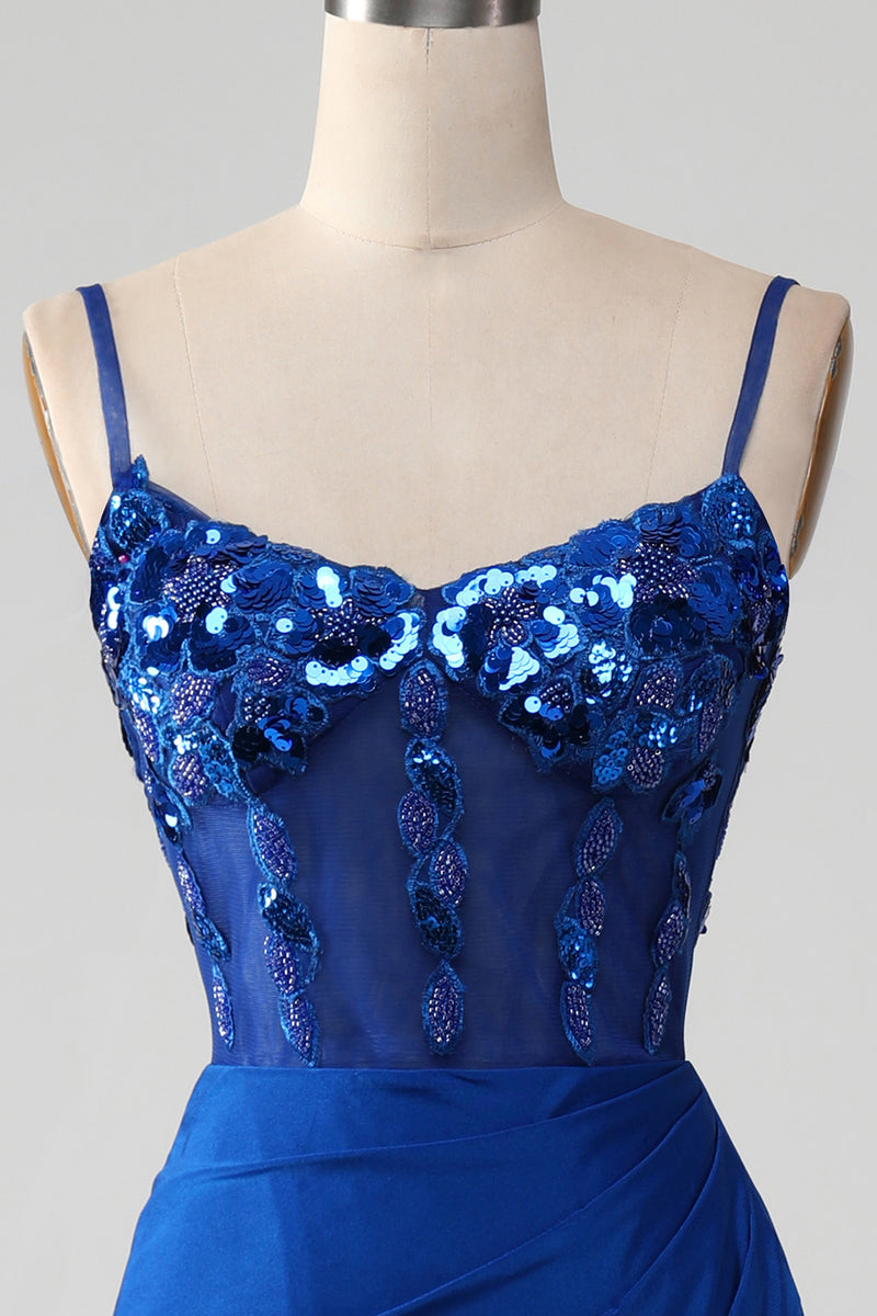 ZAPAKA Women Beaded Royal Blue Corset Prom Dress with Slit Mermaid Evening  Dress with Sequins – ZAPAKA UK