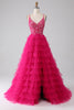 Load image into Gallery viewer, Fuchsia Princess A-Line Spaghetti Straps Sequin Tiered Long Prom Dress with Slit