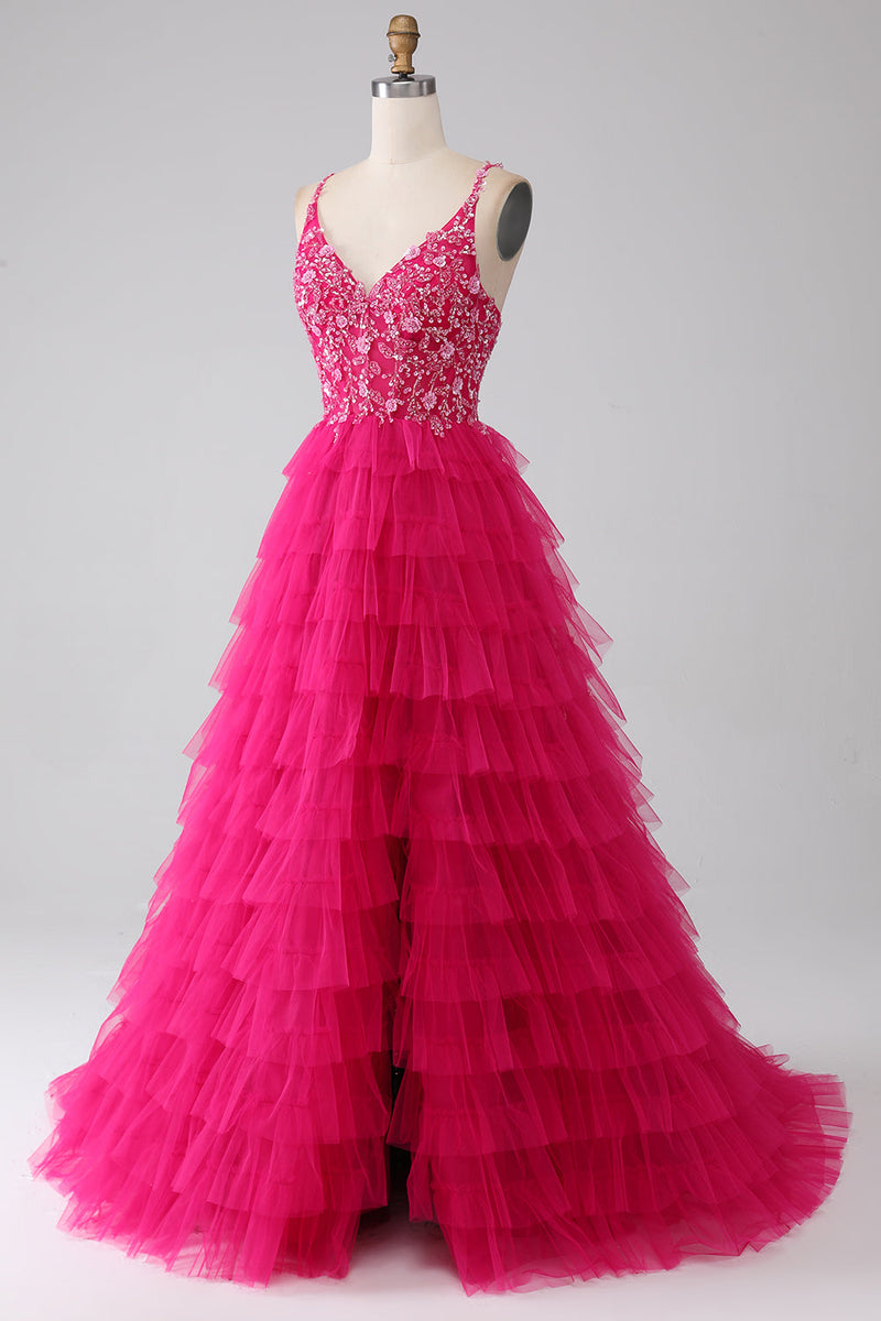 Load image into Gallery viewer, Fuchsia Princess A-Line Spaghetti Straps Sequin Tiered Long Prom Dress with Slit