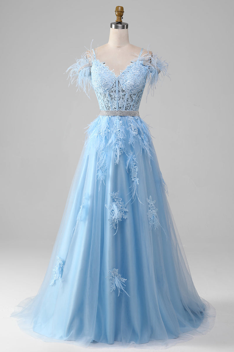 Load image into Gallery viewer, Light Blue A-Line Rhinestones Accents Corset Prom Dress With Appliques