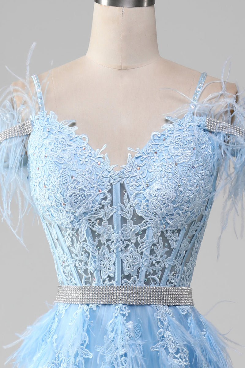 Load image into Gallery viewer, Light Blue A-Line Rhinestones Accents Corset Prom Dress With Appliques