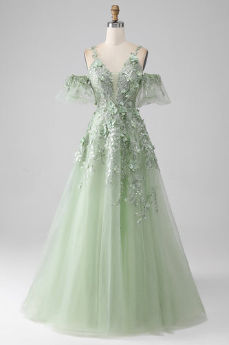 Sage A-Line Detachable Sleeves Long Corset Prom Dress with Flowers