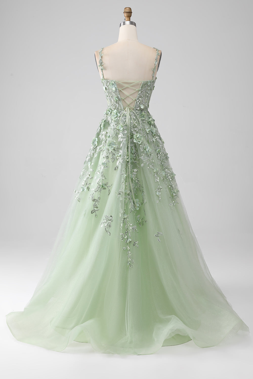 Sage A-Line Detachable Sleeves Long Corset Prom Dress with Flowers Sage A-Line Detachable Sleeves Long Corset Prom Dress with Flowers