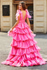 Load image into Gallery viewer, Princess A-Line V-Neck Fuchsia Tiered Prom Dress With Slit