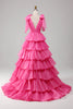 Load image into Gallery viewer, Princess A-Line V-Neck Fuchsia Prom Dress With Slit