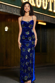 Royal Blue Mermaid Spaghetti Straps Sequins Long Prom Dress with Accessory