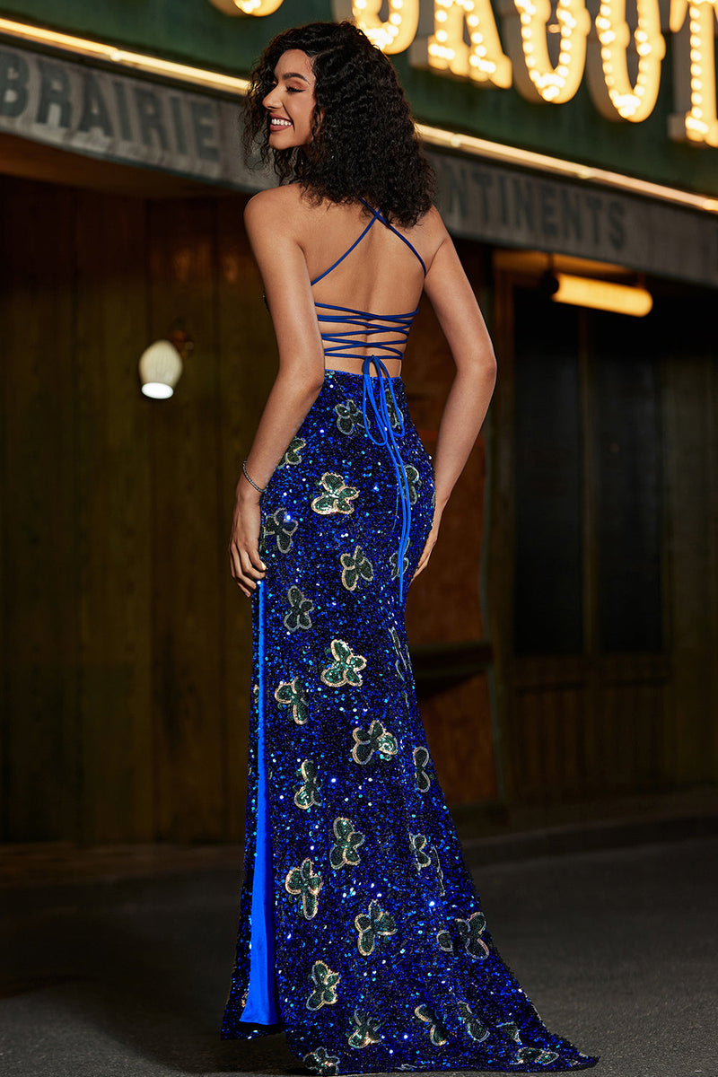 Load image into Gallery viewer, Royal Blue Mermaid Spaghetti Straps Sequins Long Prom Dress with Accessory