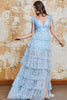 Load image into Gallery viewer, Princess A Line V Neck Blue Long Prom Dress with Ruffles Slit