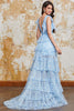 Load image into Gallery viewer, A-Line V-Neck Light Blue Tiered Prom Dress
