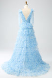 Princess A Line V Neck Blue Long Prom Dress with Ruffles Slit