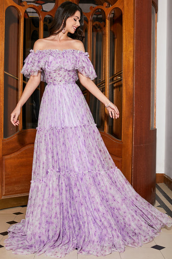 Gorgeous A Line Off the Shoulder Lilac Floral Long Prom Dress with Ruffles