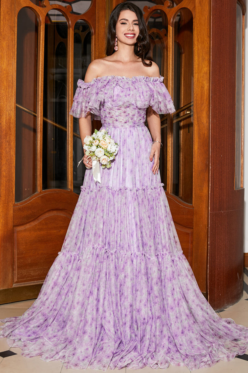 Load image into Gallery viewer, Gorgeous A Line Off the Shoulder Lilac Floral Long Prom Dress with Ruffles