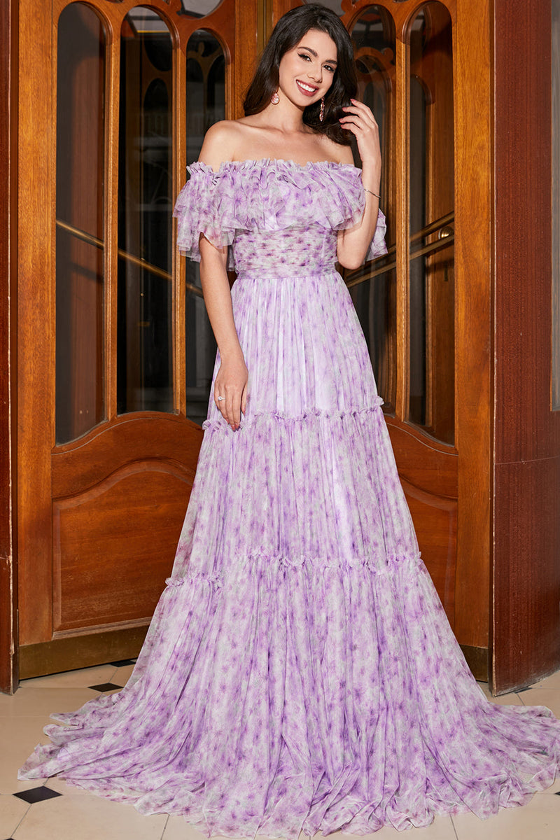 Load image into Gallery viewer, Gorgeous A Line Off the Shoulder Lilac Floral Long Prom Dress with Ruffles