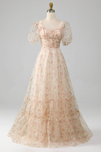 Champagne A-Line Floral Print Pleated Tiered Prom Dress With Puff Sleeves