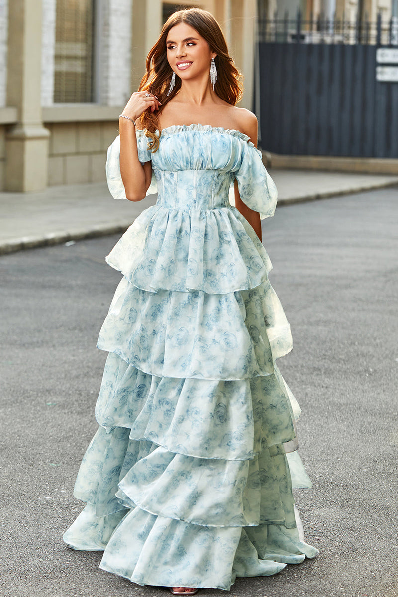 Load image into Gallery viewer, A Line Square Neck Light Blue Tiered Floral Long Prom Dress with Ruffles