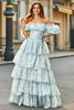 Load image into Gallery viewer, A Line Square Neck Light Blue Tiered Floral Long Prom Dress with Ruffles