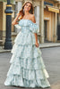 Load image into Gallery viewer, A Line Square Neck Light Blue Tiered Floral Long Prom Dress with Ruffles