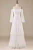 Load image into Gallery viewer, A Line Off the Shoulder Ivory Sweep Train Flare Sleeves Wedding Dress
