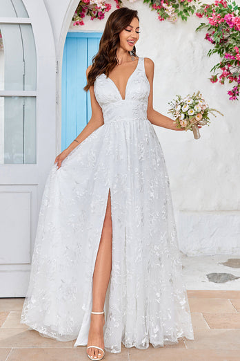 Beauty A Line V-Neck Ivory Lace Long Wedding Dress with Slit