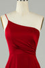 Load image into Gallery viewer, A-Line One Shoulder Burgundy Long Bridesmaid Dress with Ruffles