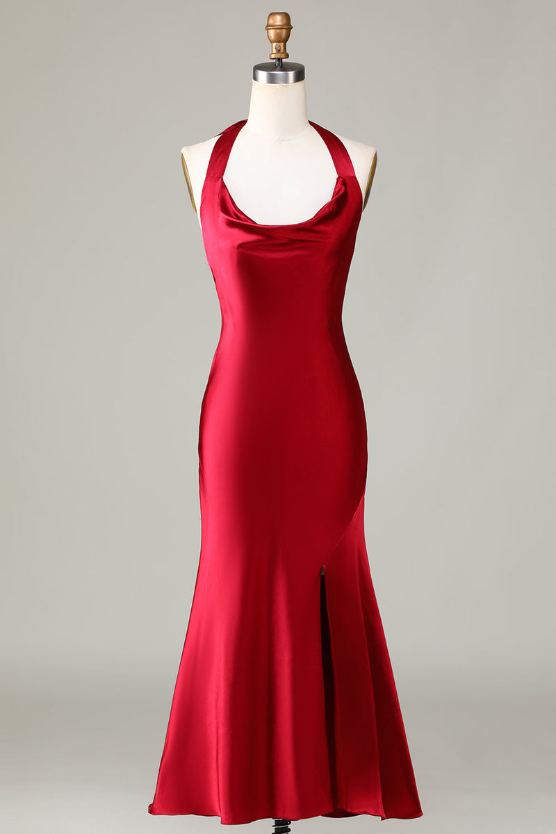 Load image into Gallery viewer, Halter Sleeveless Burgundy Tea-Length Bridesmaid Dress with Slit