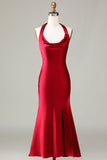 Halter Sleeveless Burgundy Tea-Length Bridesmaid Dress with Slit
