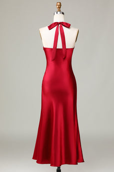 Halter Sleeveless Burgundy Tea-Length Bridesmaid Dress with Slit