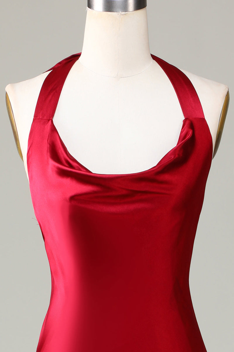 Load image into Gallery viewer, Halter Sleeveless Burgundy Tea-Length Bridesmaid Dress with Slit