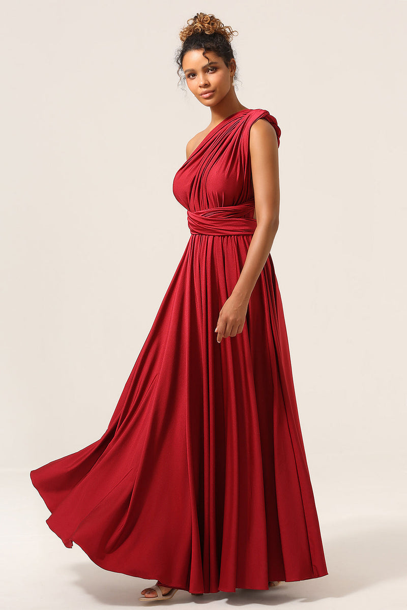 Load image into Gallery viewer, Beauty A-Line Halter Neck Burgundy Long Bridesmaid Dress with Criss Cross Back