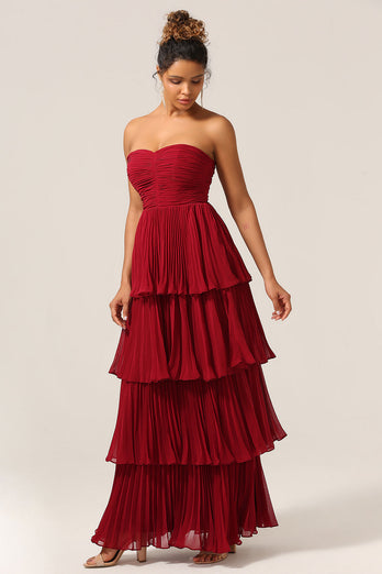 Charming A Line Strapless Burgudy Long Bridesmaid Dress with Ruffles