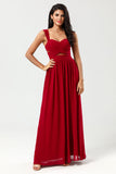 A Line Sweetheart Long Burgundy Bridesmaid Dress with Keyhole