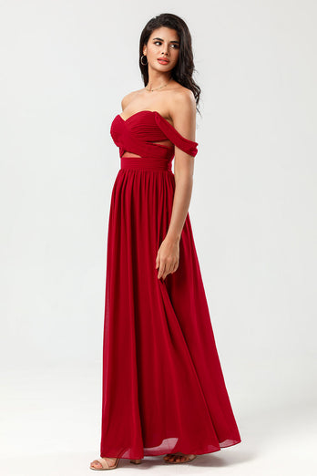 A Line Sweetheart Long Burgundy Bridesmaid Dress with Keyhole